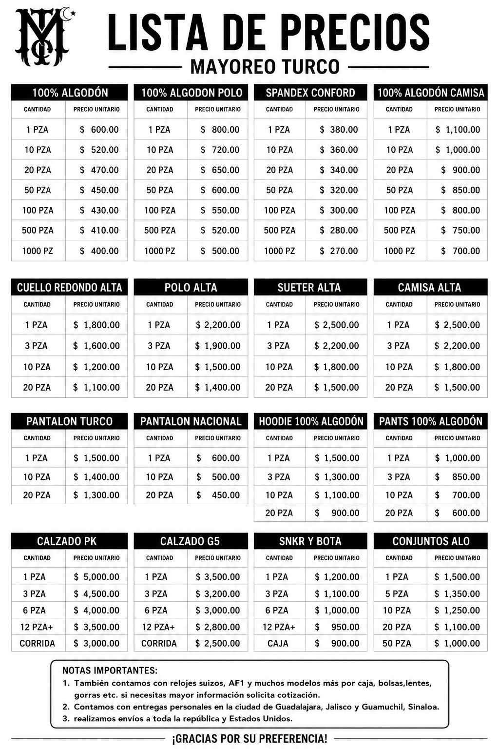 Wholesale price list